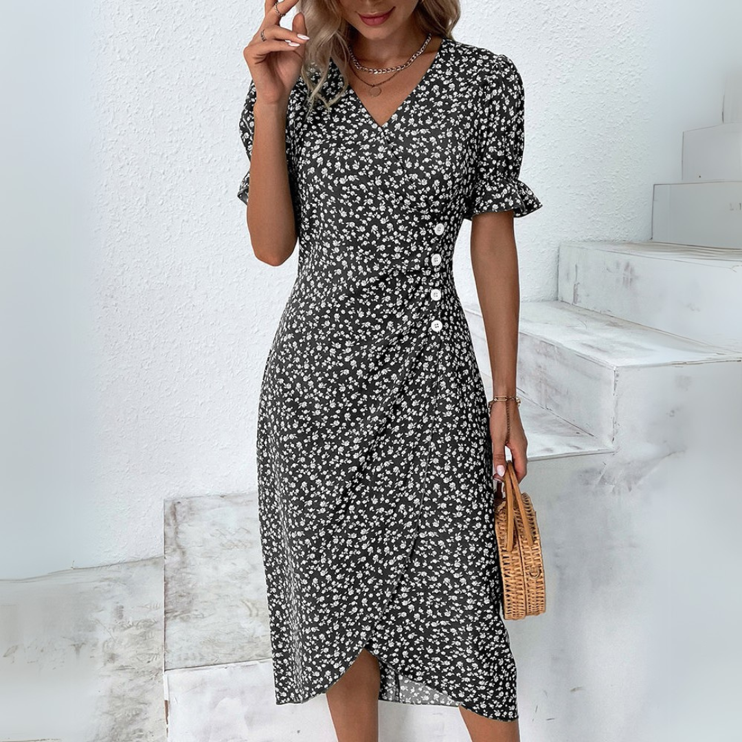 Хелена | Елегантна цветна миди рокля