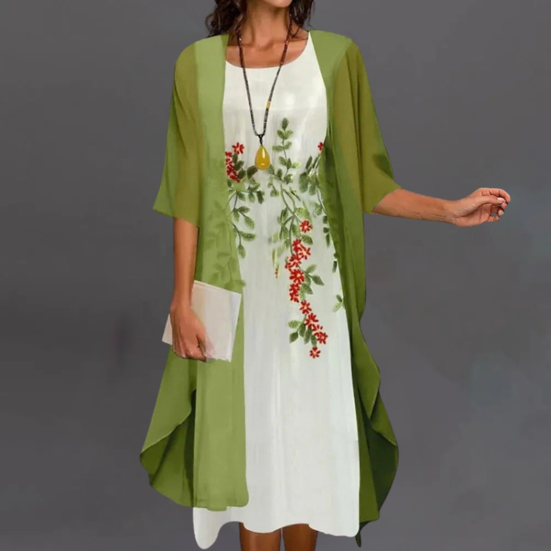 Ирена | Елегантен цветен комплект – рокля и кардиган