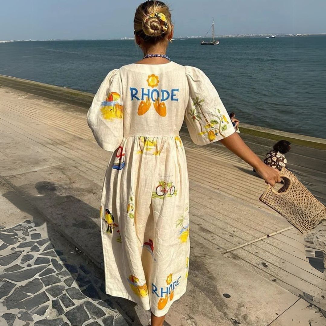 Елси | Удобна ленена миди рокля с цветен принт