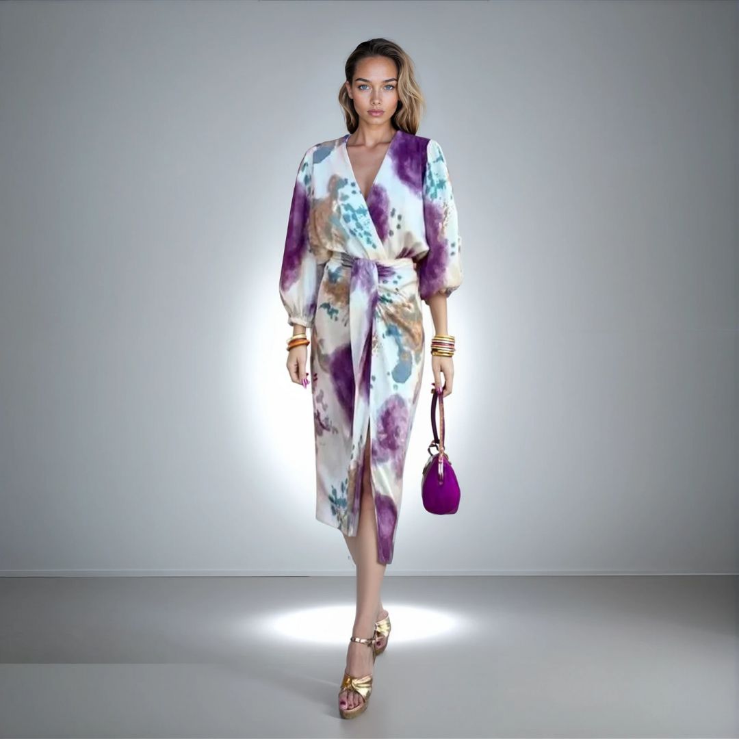 Кали | Елегантна лилава рокля с V-образно деколте