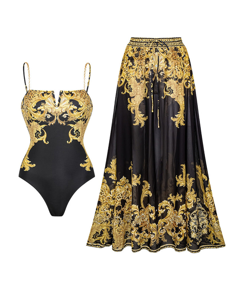 Винтидж бански костюм с печатна мрежа и слънцезащита