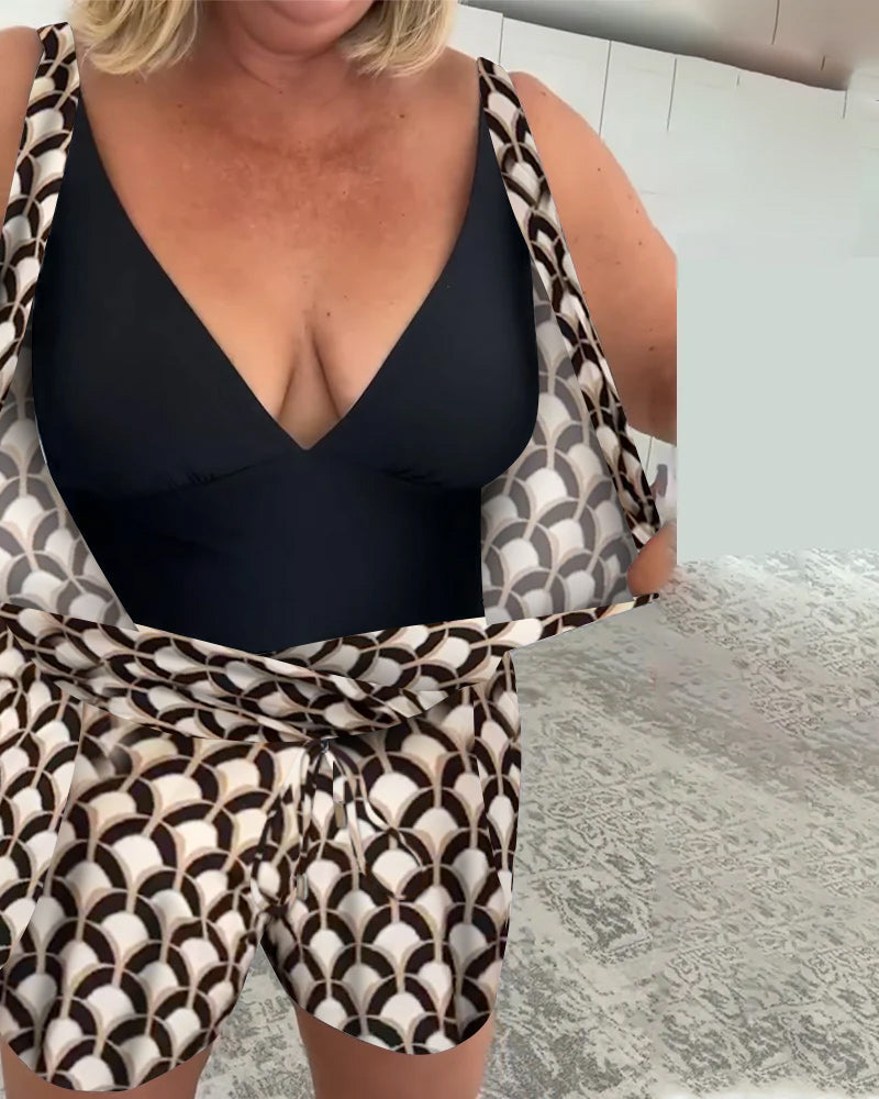 Геометричен Два Частен Бански Костюм Без Ръкави