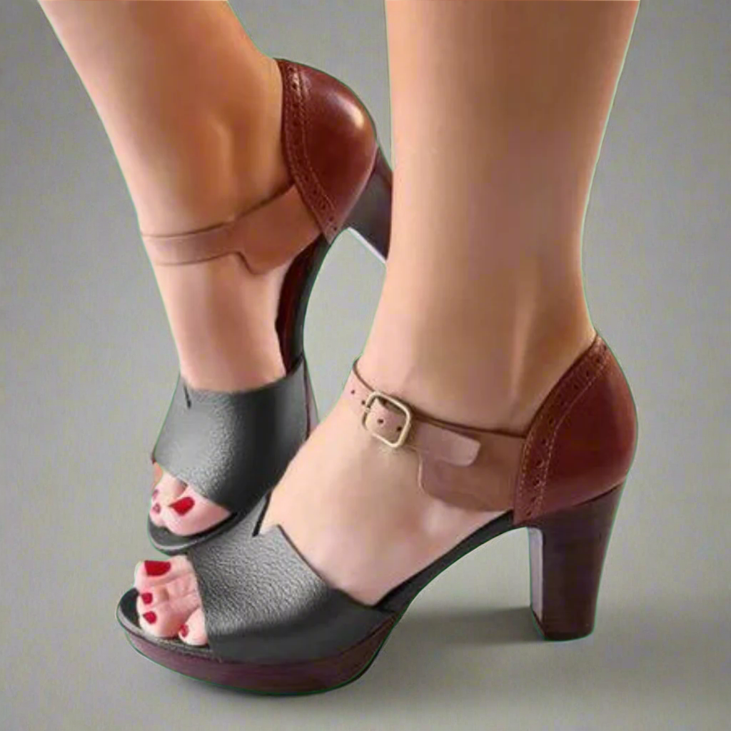 Катерина | Премиум сандали на висок ток в корейски стил с цветен блок и катарама