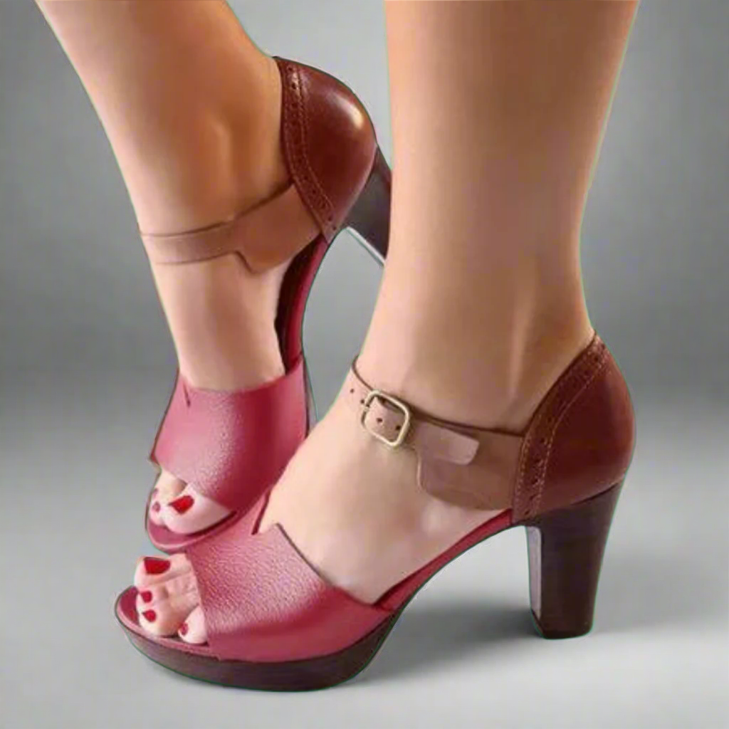 Катерина | Премиум сандали на висок ток в корейски стил с цветен блок и катарама