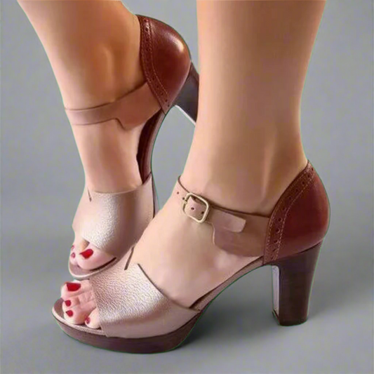 Катерина | Премиум сандали на висок ток в корейски стил с цветен блок и катарама