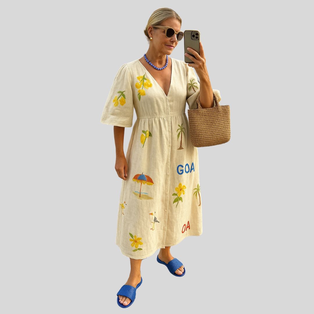 Елси | Удобна ленена миди рокля с цветен принт