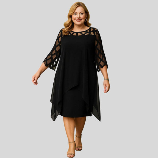 Лорелей | Елегантна черна миди рокля с шифонен слой