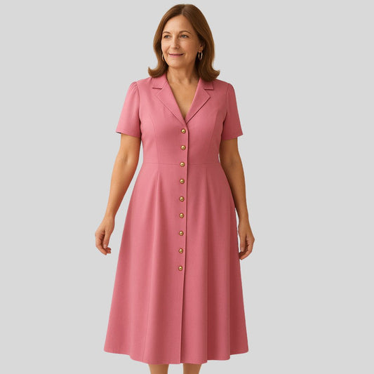 Рея | Розови миди рокли с копчета и V-образно деколте