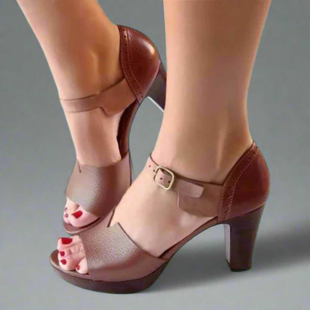 Катерина | Премиум сандали на висок ток в корейски стил с цветен блок и катарама