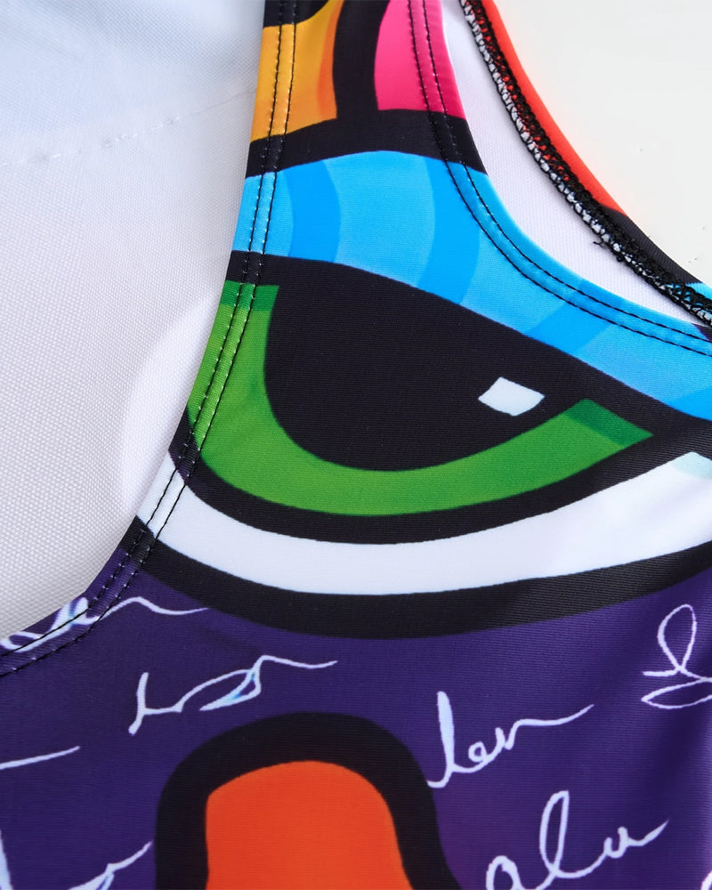 Без ръкави, с печат, едноцветен бански костюм