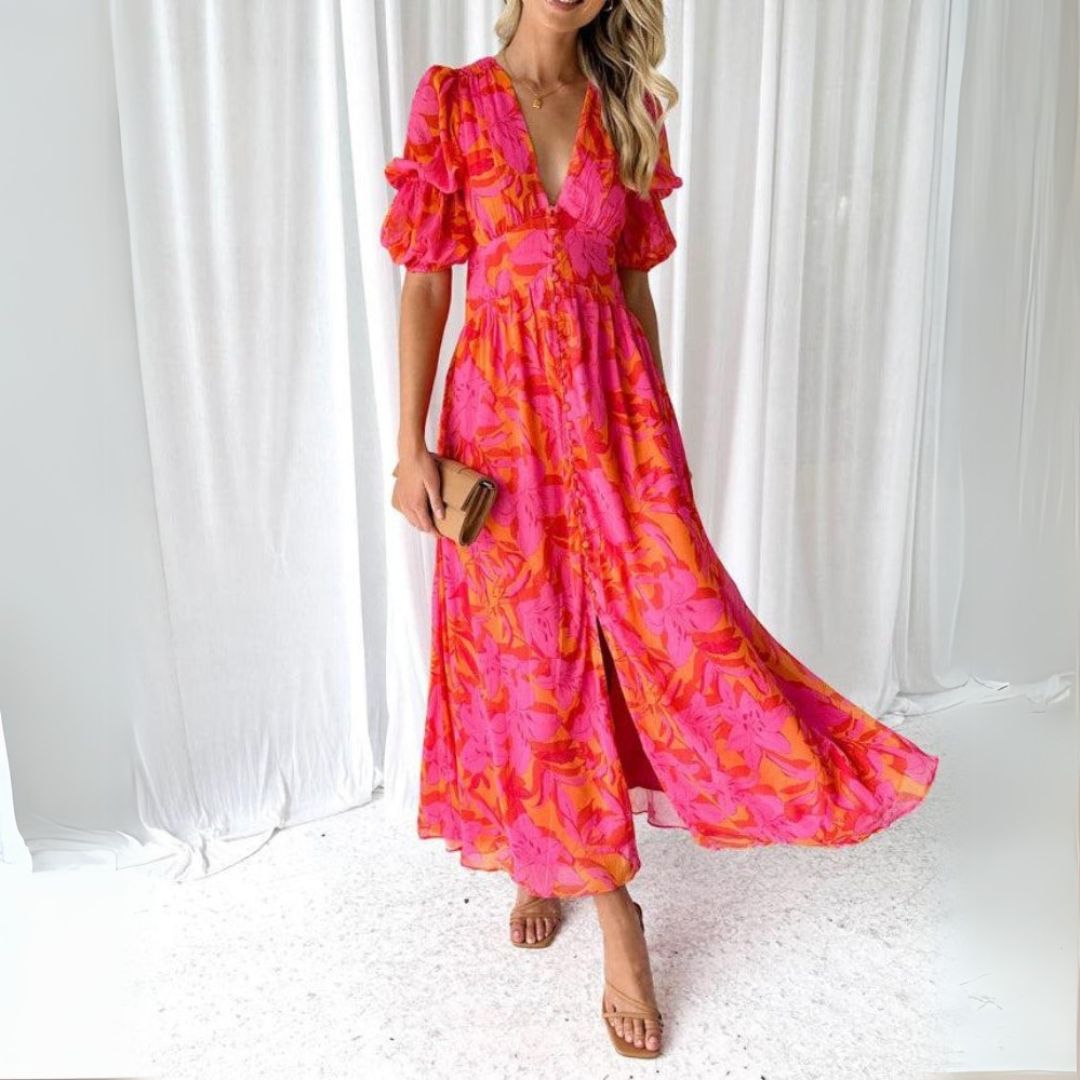 Jovie | Елегантна червено-розова макси рокля