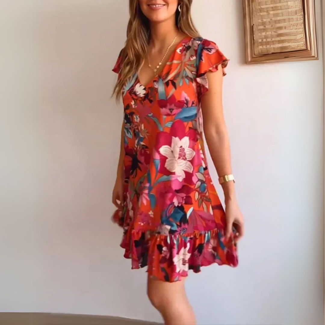 Amura | Цветна рокля с V-образно деколте и волани