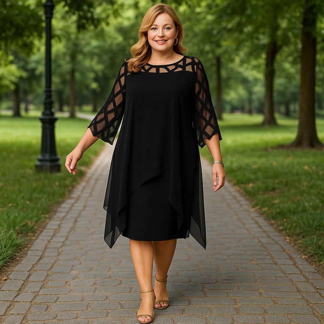 Лорелей | Елегантна черна миди рокля с шифонен слой