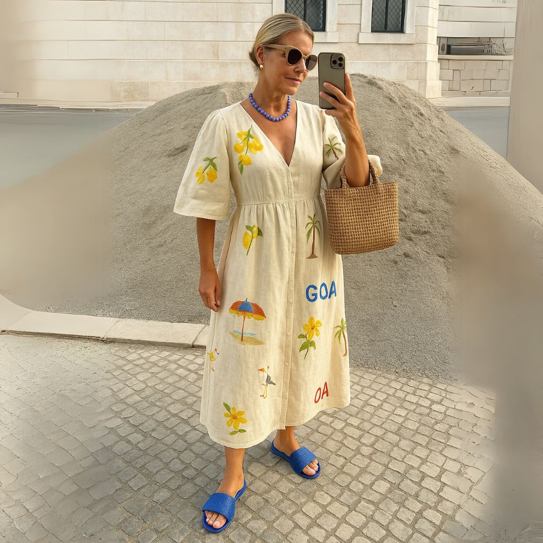 Елси | Удобна ленена миди рокля с цветен принт