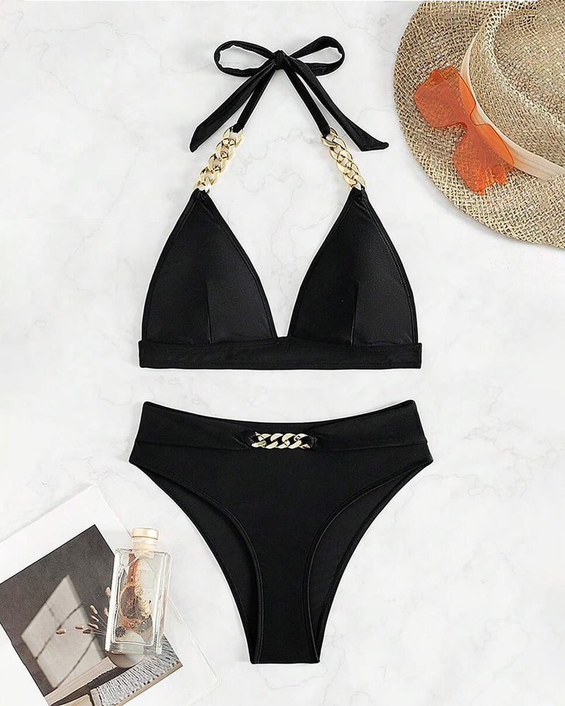 Бикини с V-образно деколте и метална връзка, едноцветен сутиен