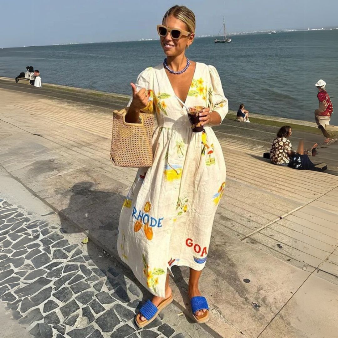 Елси | Удобна ленена миди рокля с цветен принт