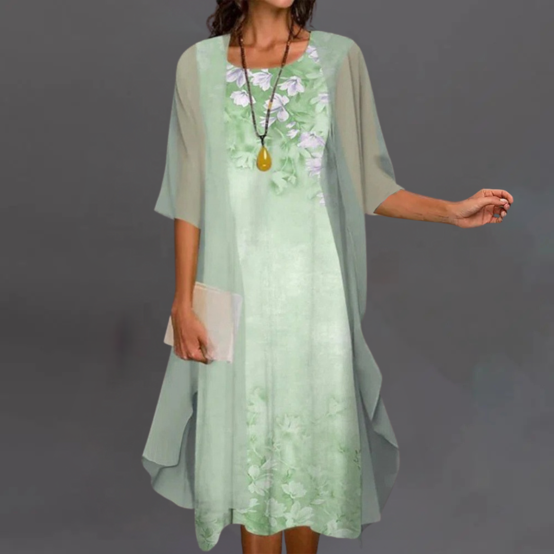 Ирена | Елегантен цветен комплект – рокля и кардиган