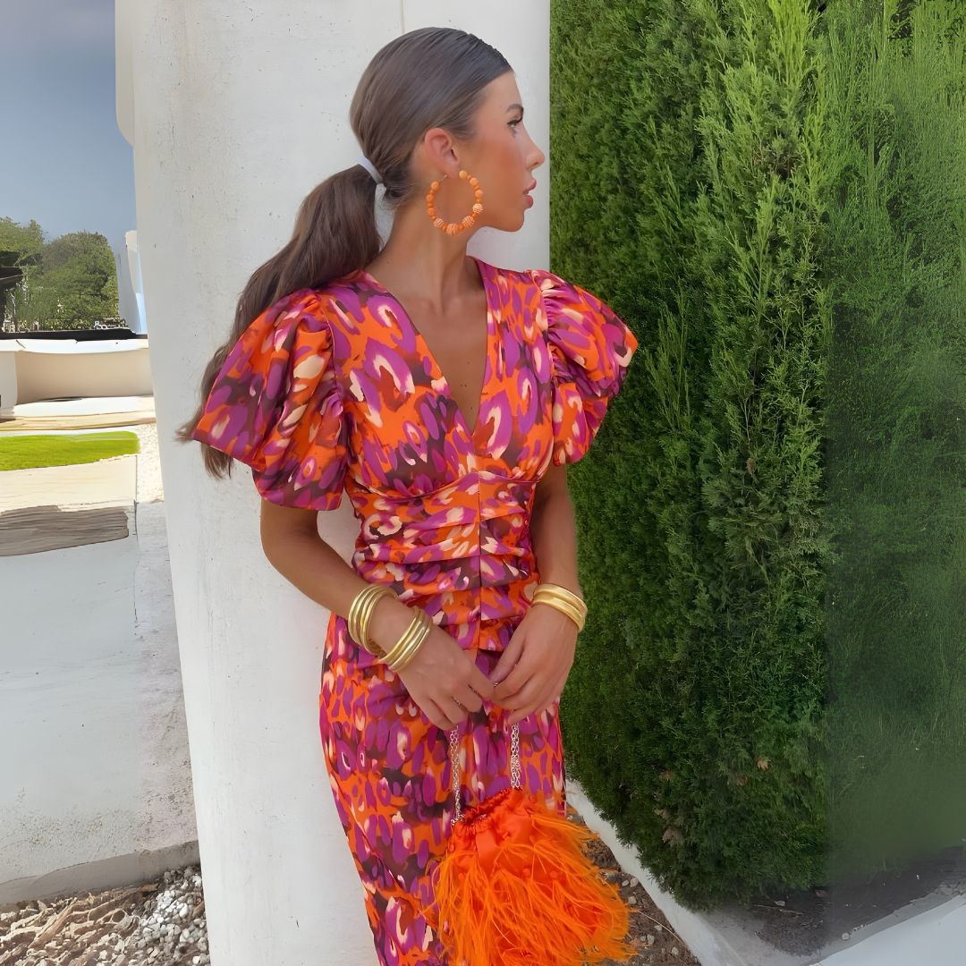 Александра | Рокля с плисирани ръкави в ярки цветове