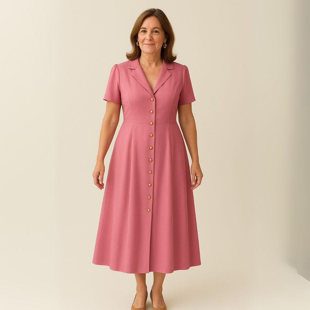 Рея | Розови миди рокли с копчета и V-образно деколте