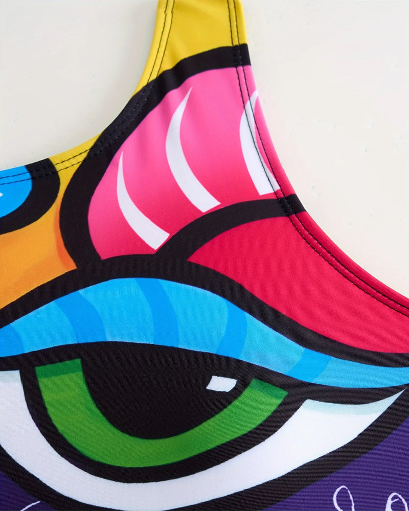 Без ръкави, с печат, едноцветен бански костюм