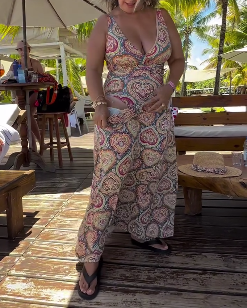 Безпроблемен бански с принт на сърца за ваканции