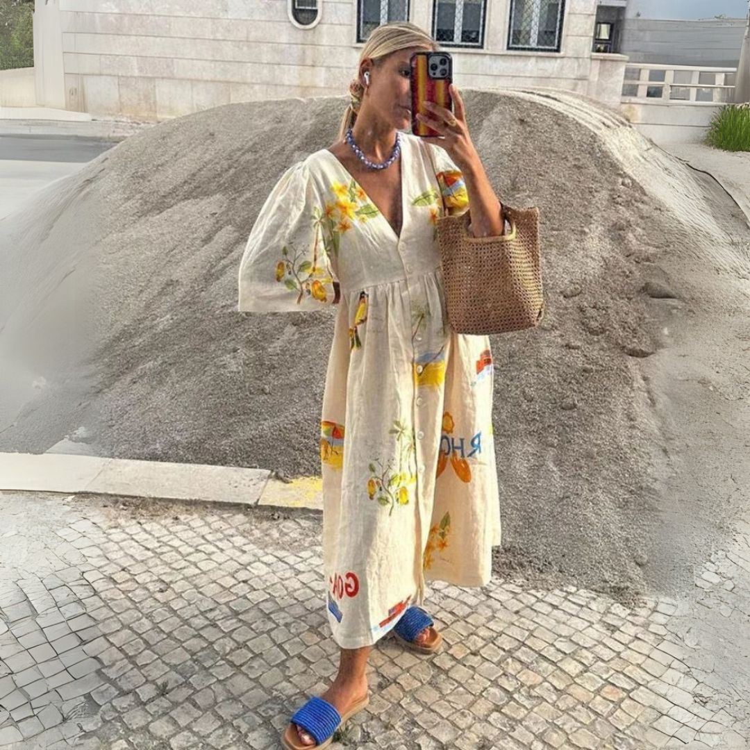 Елси | Удобна ленена миди рокля с цветен принт