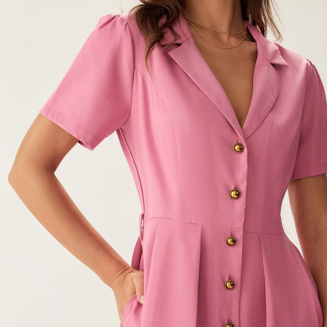 Рея | Розови миди рокли с копчета и V-образно деколте