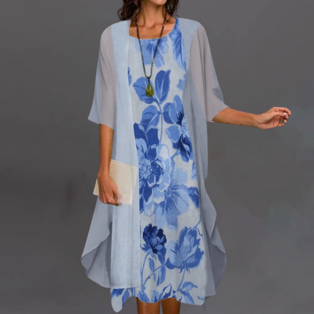 Ирена | Елегантен цветен комплект – рокля и кардиган