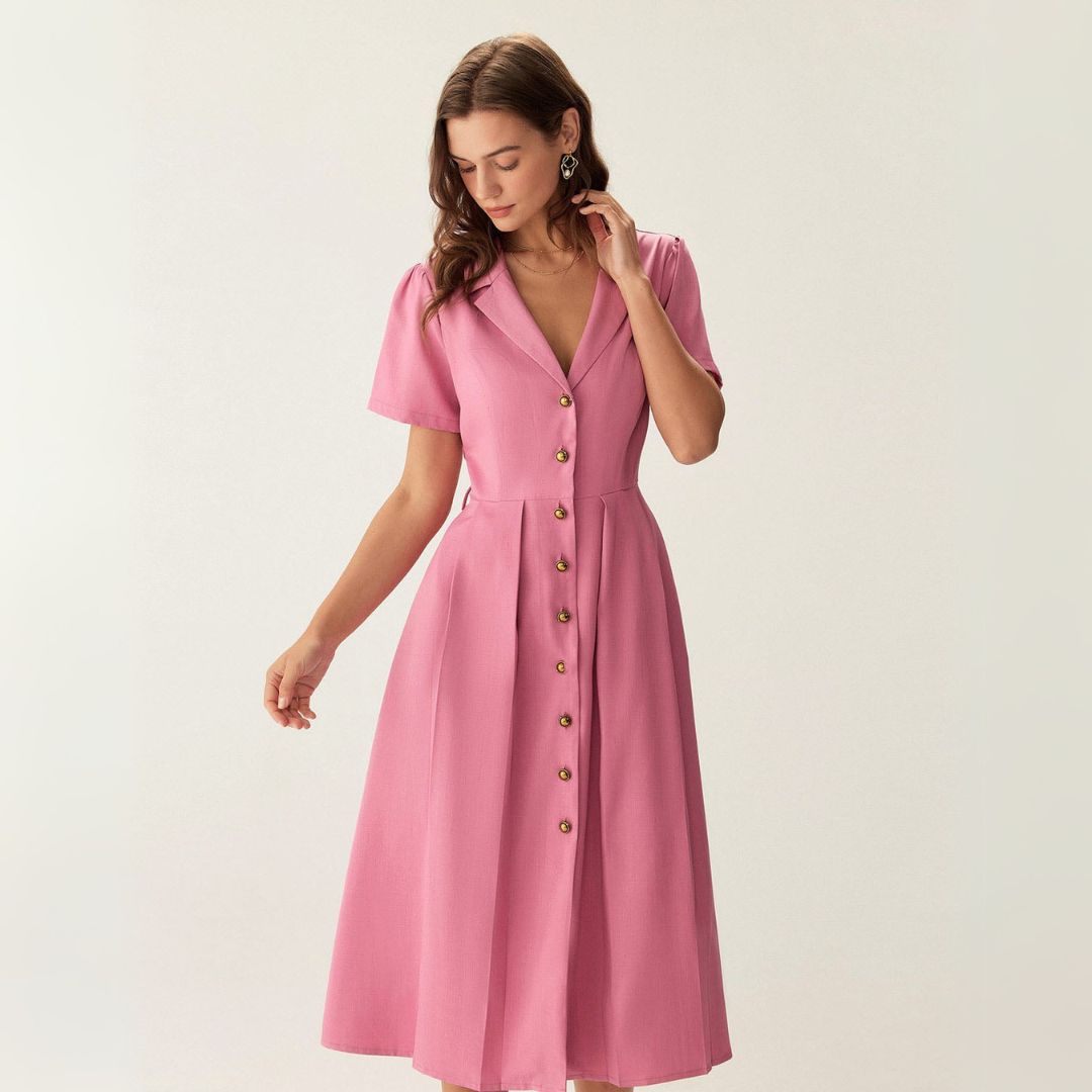 Рея | Розови миди рокли с копчета и V-образно деколте