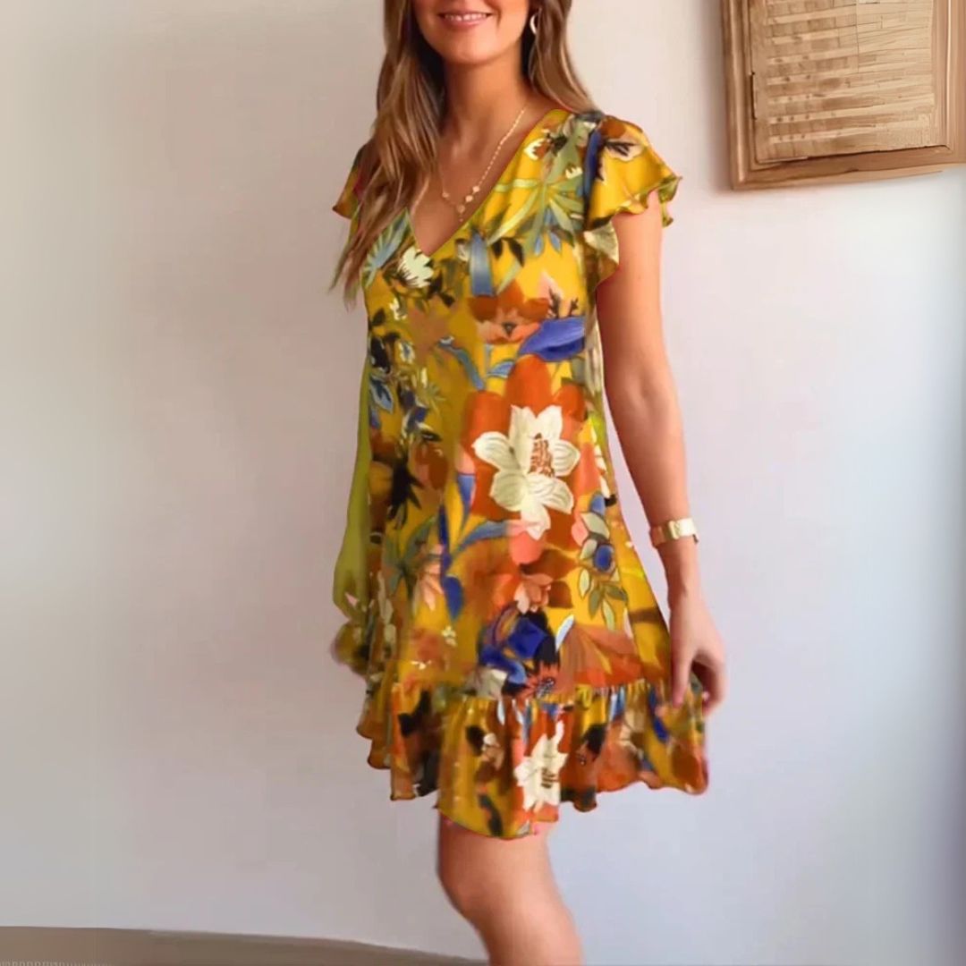 Amura | Цветна рокля с V-образно деколте и волани