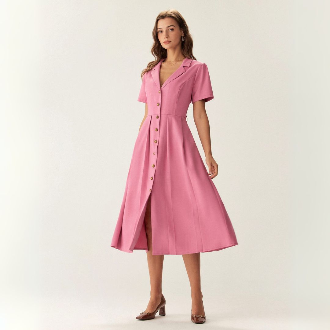 Рея | Розови миди рокли с копчета и V-образно деколте