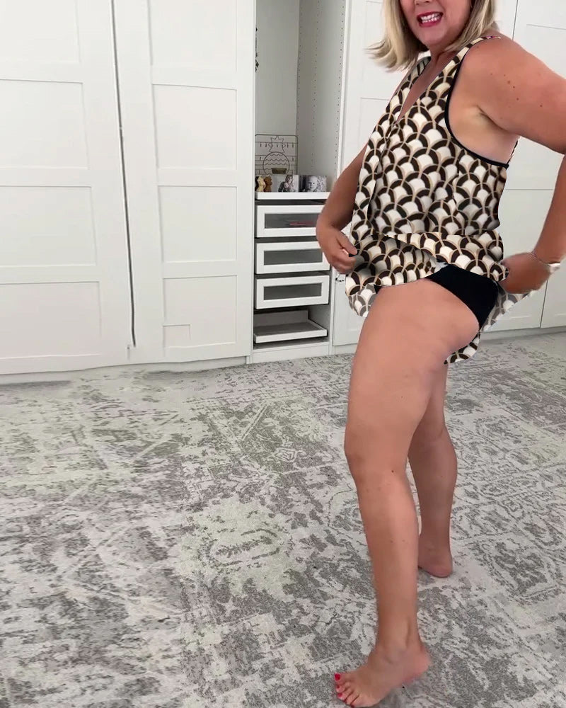 Геометричен Два Частен Бански Костюм Без Ръкави