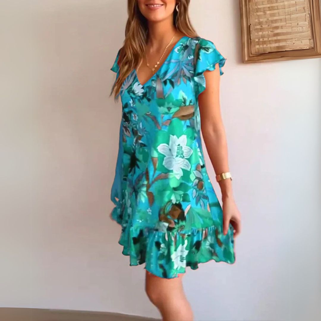 Amura | Цветна рокля с V-образно деколте и волани