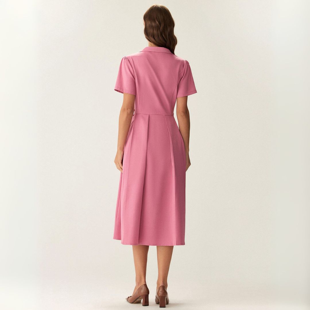 Рея | Розови миди рокли с копчета и V-образно деколте