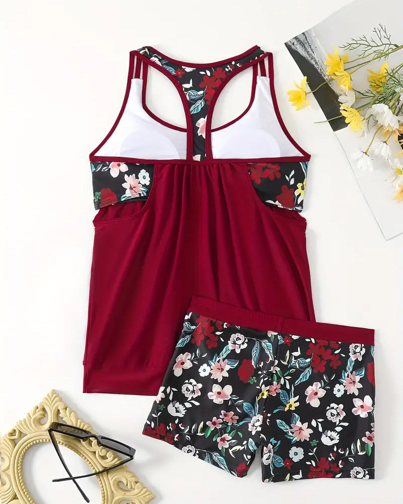 Танкини с открит гръб и без ръкави с флорален принт