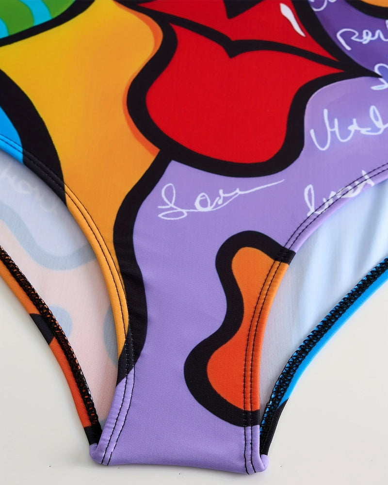 Без ръкави, с печат, едноцветен бански костюм