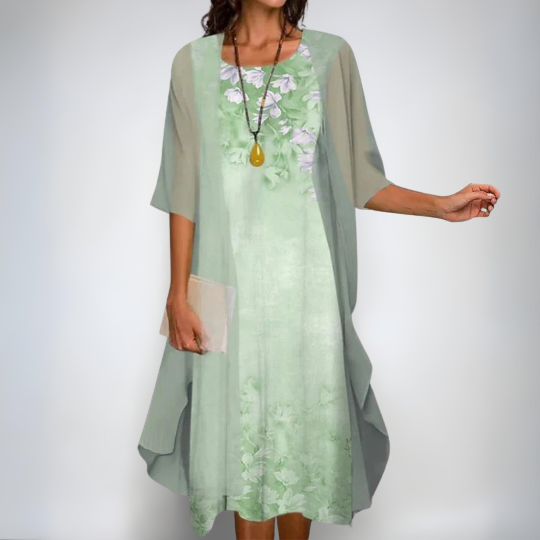 Ирена | Елегантен цветен комплект – рокля и кардиган