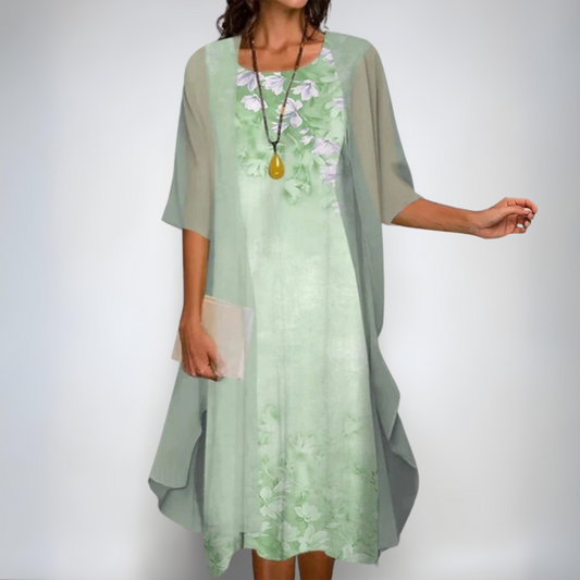 Ирена | Елегантен цветен комплект – рокля и кардиган