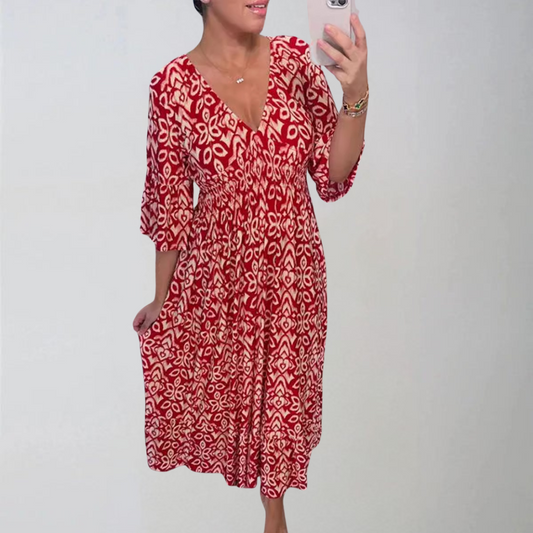 Злата | Стилна цветна рокля с V-образно деколте