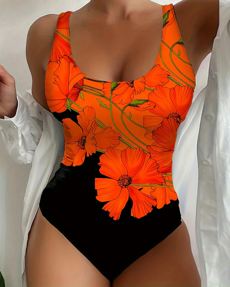 Бански костюм с цветя, без ръкави, едно парче