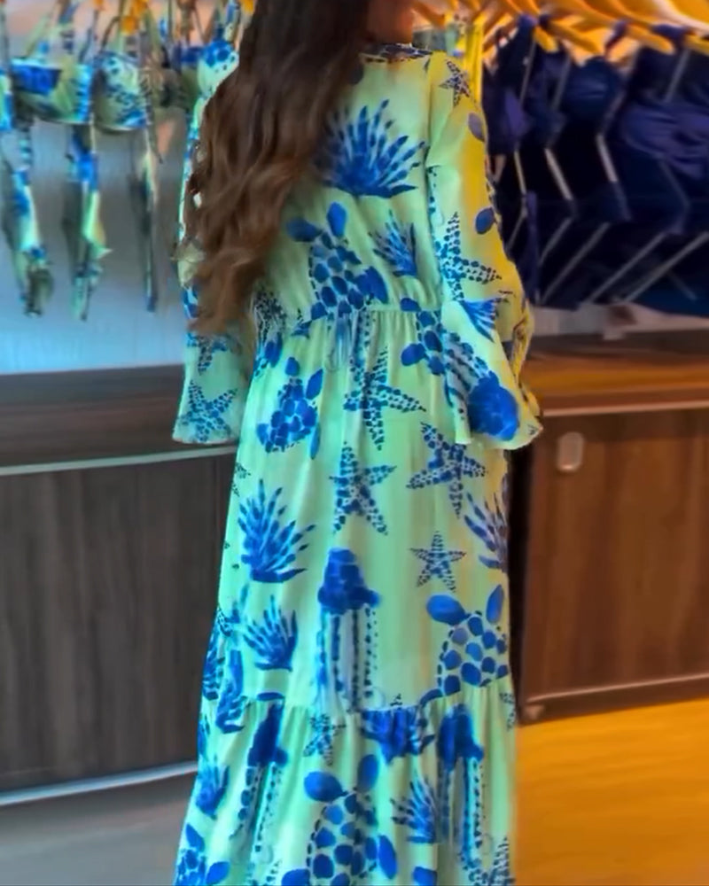 Печатен бански костюм за ваканция с разкроени ръкави