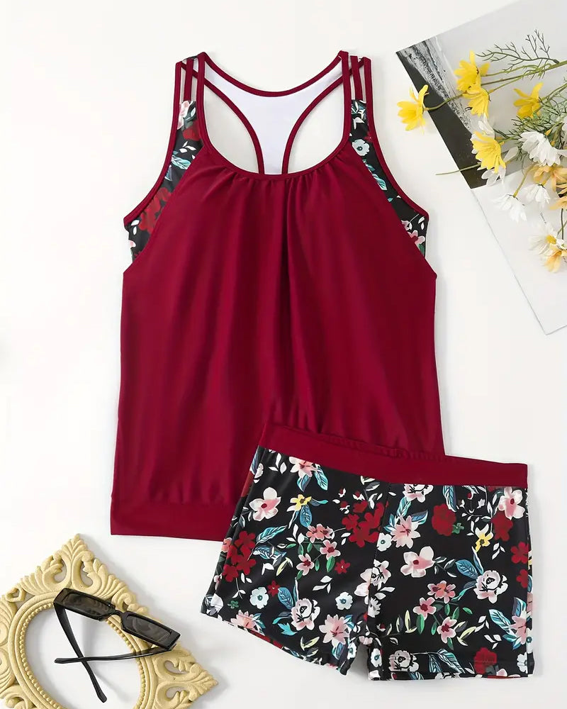 Танкини с открит гръб и без ръкави с флорален принт
